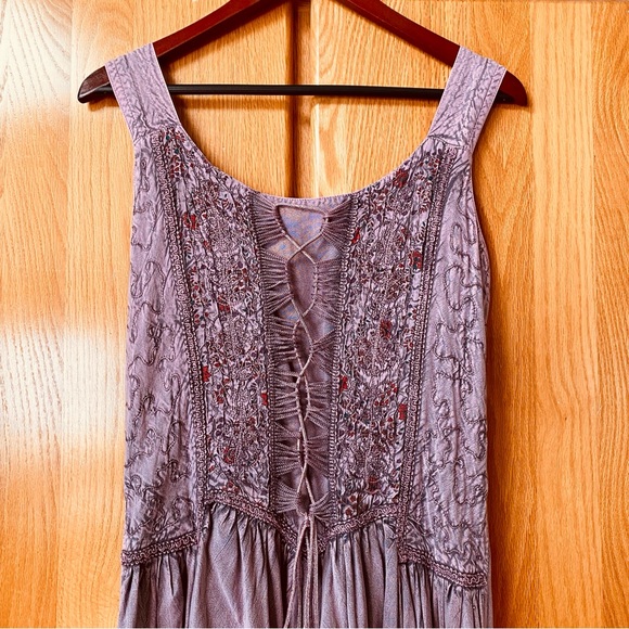 Romantic Boho Peasant Renaissance Medieval Pink Purple Embroidered Corset Dress - Picture 3 of 10